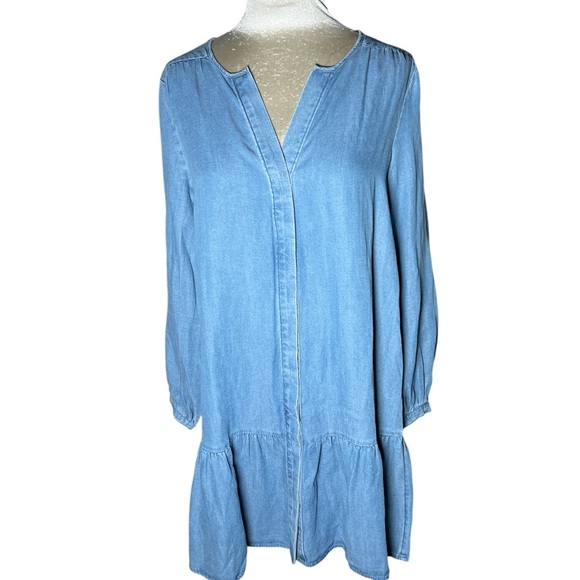 LOFT tie neck mini flounce dress relaxed silhouette ruffle hem long sleeve M - Picture 2 of 9